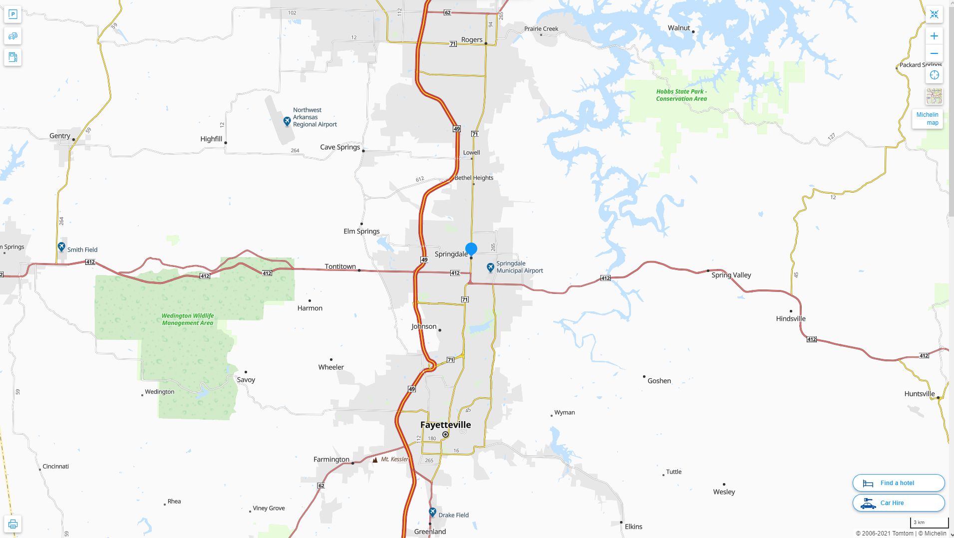 Springdale Arkansas Highway and Road Map